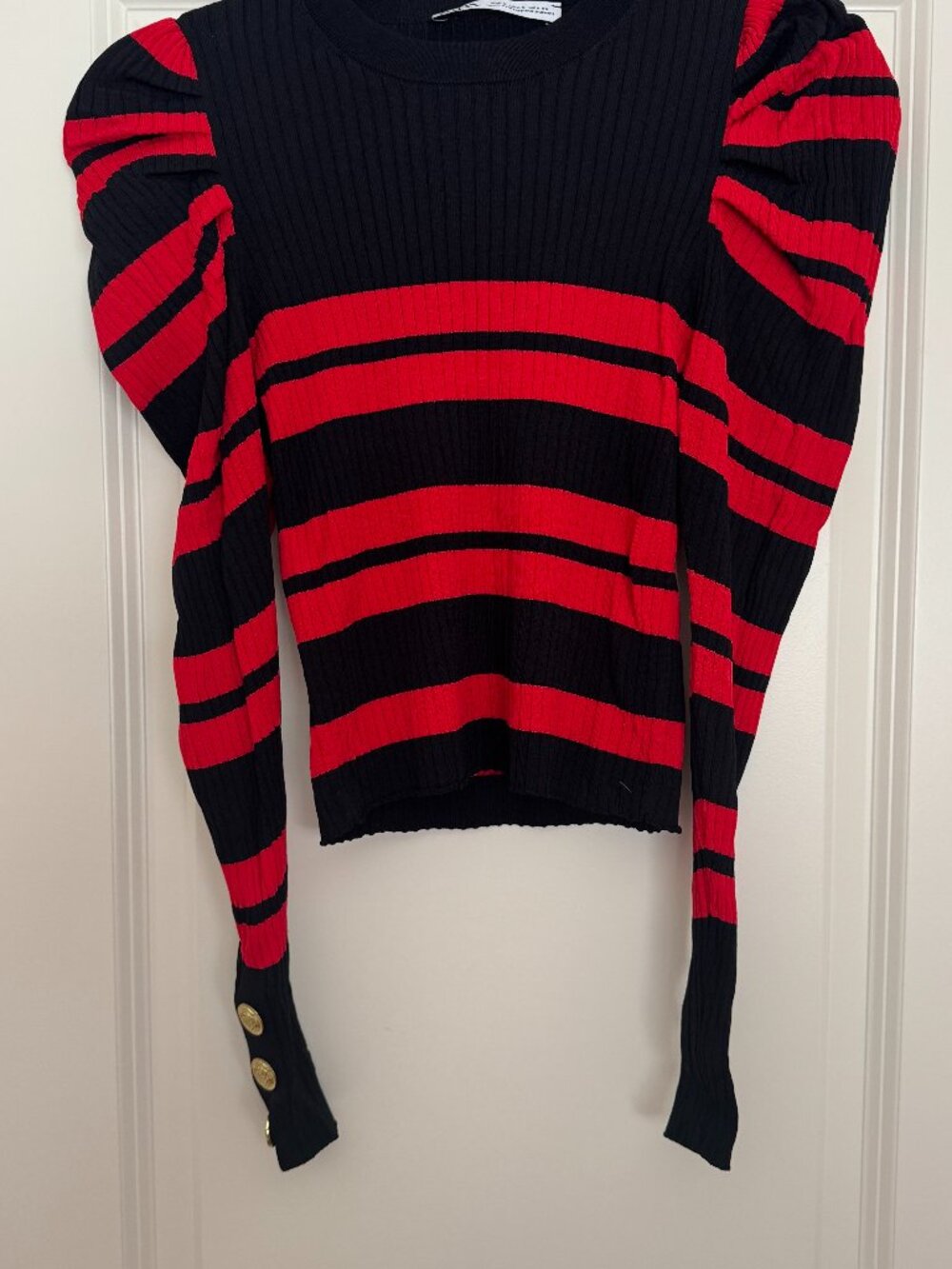 Zara Red Black Striped Puff Sleeve Ribbed Knit Top Sz S